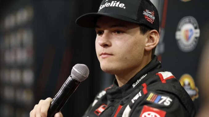 Corey Heim, driver of the #11 Safelite Toyota, speaks to the media during the NASCAR Championship Media Day at Phoenix Raceway on November 02, 2023 in Avondale, Arizona. (Photo by Sean Gardner/Getty Images)